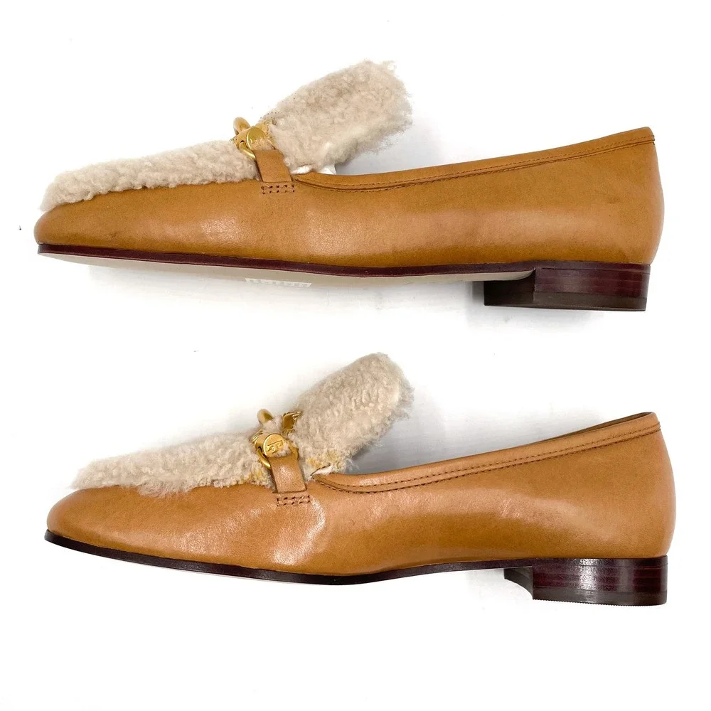 Tory Burch Jessa Shearling Loafers‎ Caramel Tan Leather Horsebit Sz 6.5